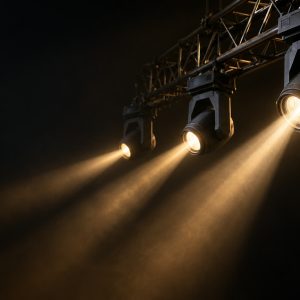 Lamp-based beam moving head fixtures projecting warm white shafts of light.