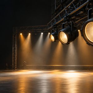 COB LED stage fixtures with large warm white light-source lenses on a truss.