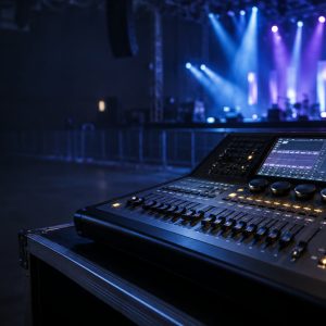 DMX lighting controller console with faders and controls in front of a lit stage.