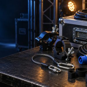 Stage lighting accessories including clamps, cables, safety bonds, and connectors.