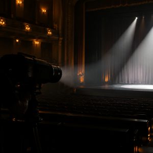 Theater spotlights illuminating an empty stage and curtain in a dark auditorium.