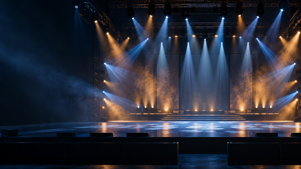 Concept illustration of an empty stage with blue and amber lighting; not a completed project